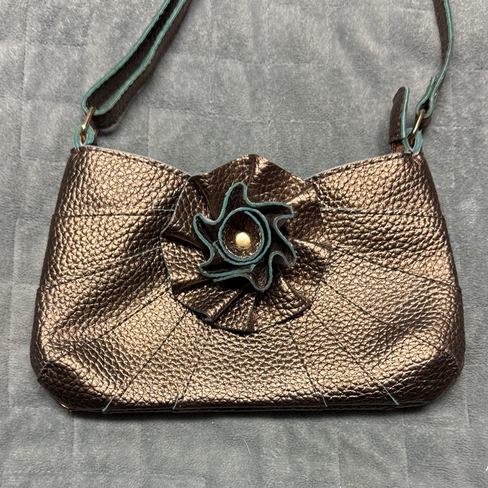 Jazzd Faux Leather Purse, Gold, Blue, Flower, Crossbody, Adjustable Strap